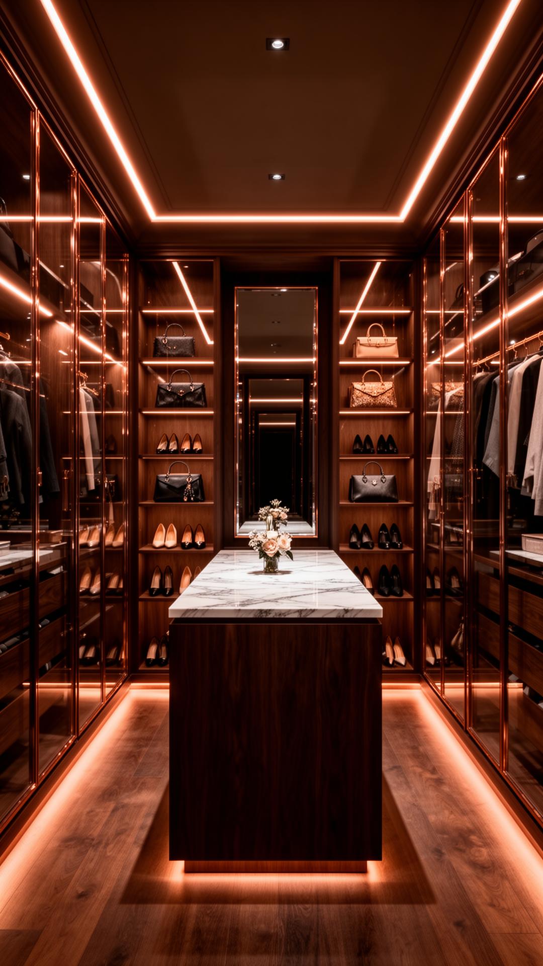Closet planejado aberto com iluminação em LED e gaveteiro central em Vitória da Conquista BA